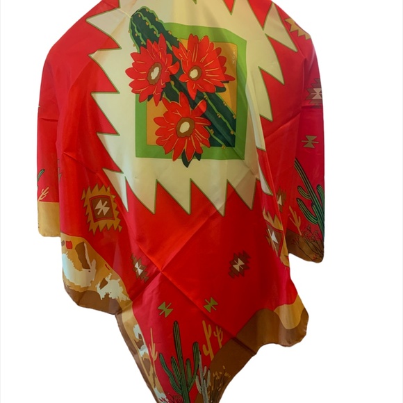 Wyoming Traders Wild Rag Southwest Cactus Print 100% Silk Western Scarf 34.5" - Picture 2 of 3